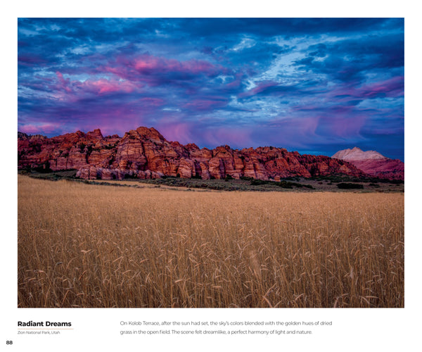 Desert landscape with red rock formations and a colorful sky.