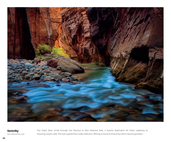 Narrows of Zion National Park with flowing water and rocky walls