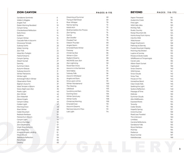 Table of contents for a book or document titled 'Zion Canyon' with a list of chapters and pages.